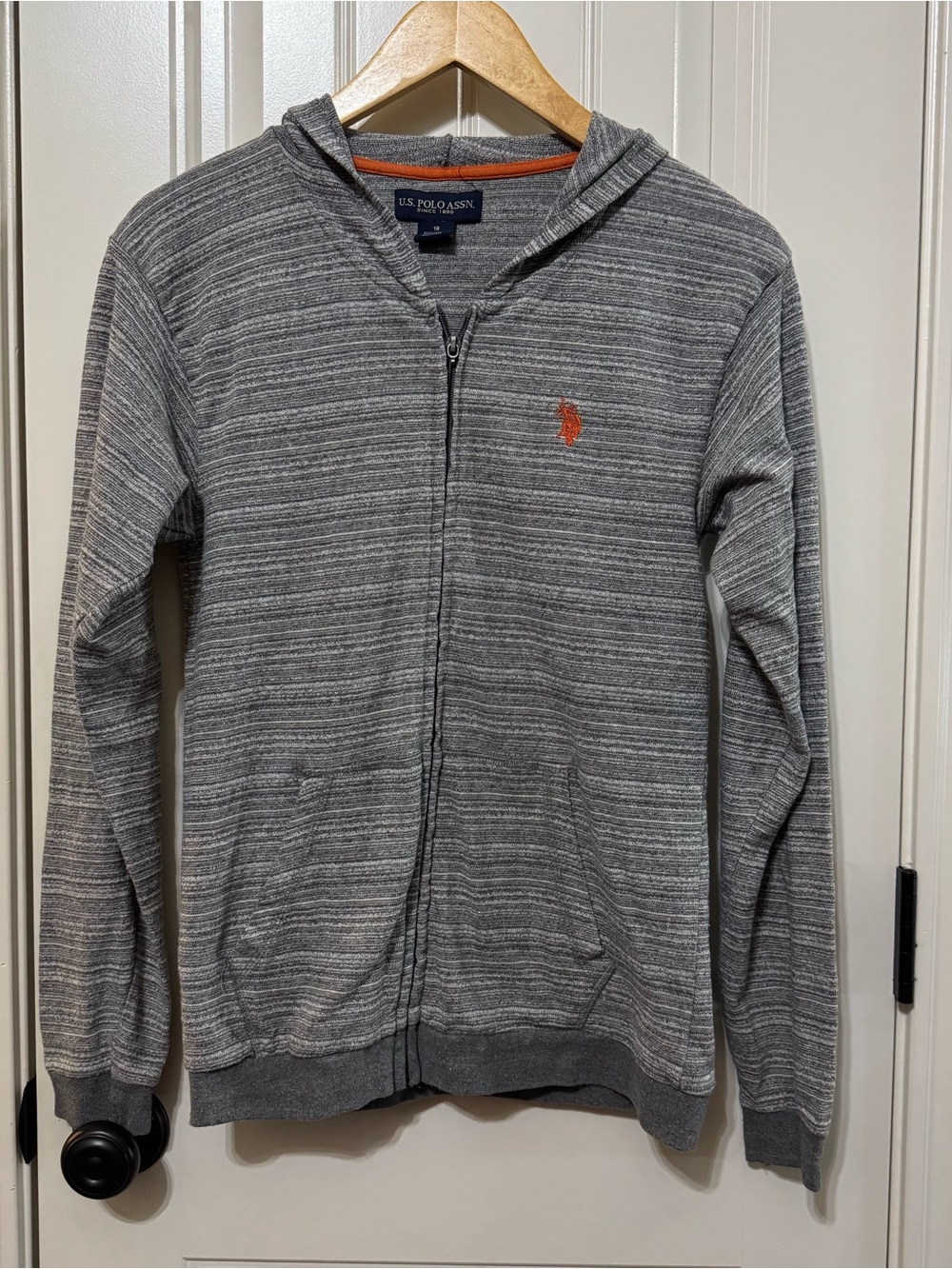 U.S. Polo Assn. Boys Zip Hoodie Size 18 XXL Space Dye Gray Orange Embroidered